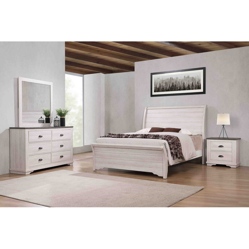Ensemble de chambre à coucher avec lit-bateau Ermel 4-1_Brianne, Gris foncé, Lit, commode, table de chevet, miroir, Grand