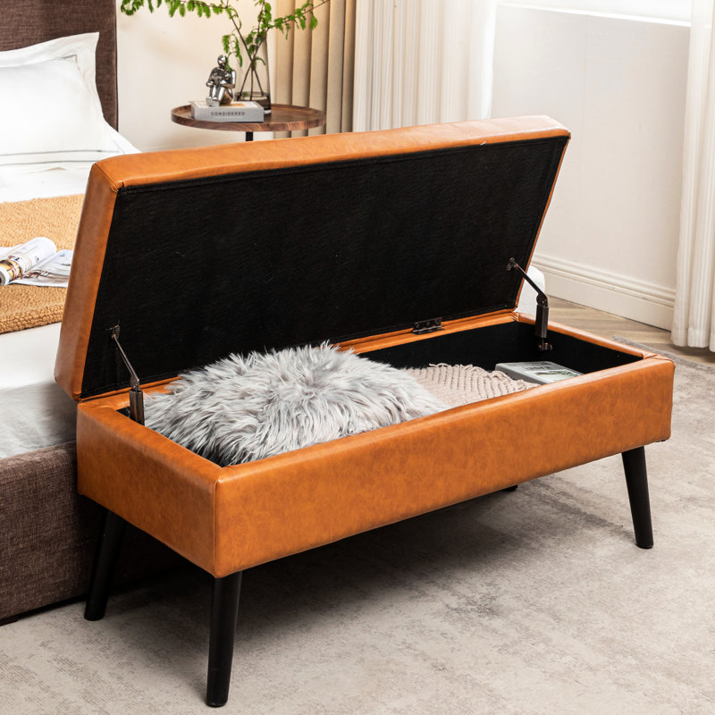 43.3" W X 17.7" Bedroom Bench With Storage: Brown Leather And Thickened Board Storage For Entryway: 43.3"X17.7" Leather, Versatile Use