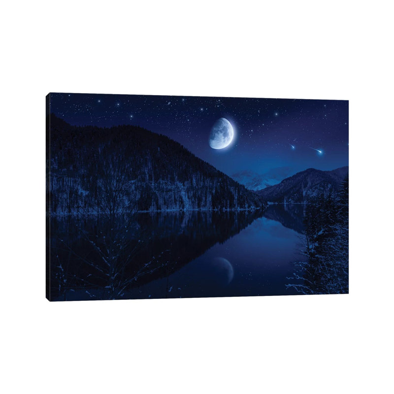 Moon Rising Over Tranquil Lake In The Misty Mountains Against Starry Sky. by Evgeny Kuklev - Wrapped Canvas Gallery-Wrapped Canvas Giclée