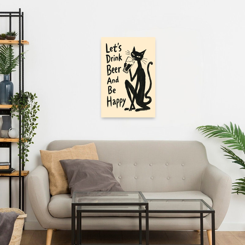 Happy Cat Drinks Beer Retro Cat Wall Art Print, 24" H x 16" W