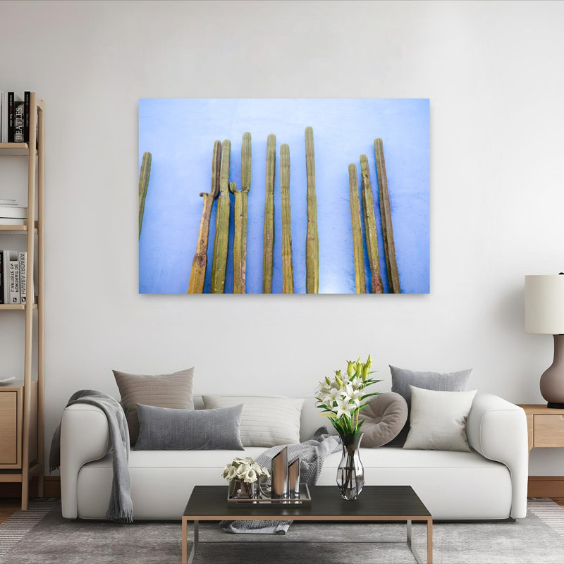 Tall Cacti on Blue | Oaxaca Mexico Travel Colorful Abstract Contemporary Cactus City Landscape Wall Art Print 1 Piece Wrapped Canvas Wall Art