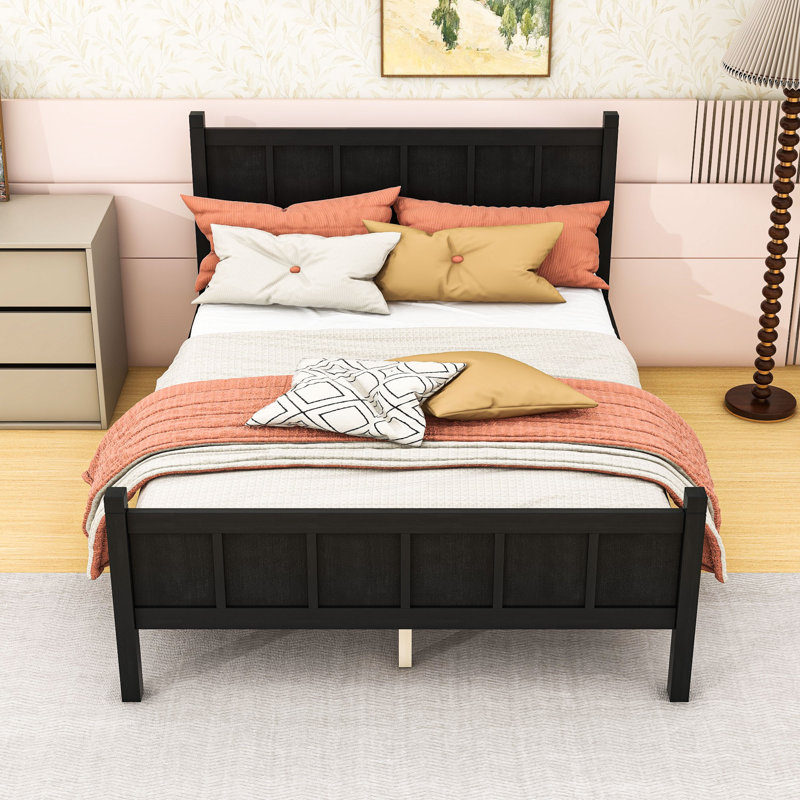 Lit plateforme en bois de style campagnard avec tête de lit, Lit double, Noir