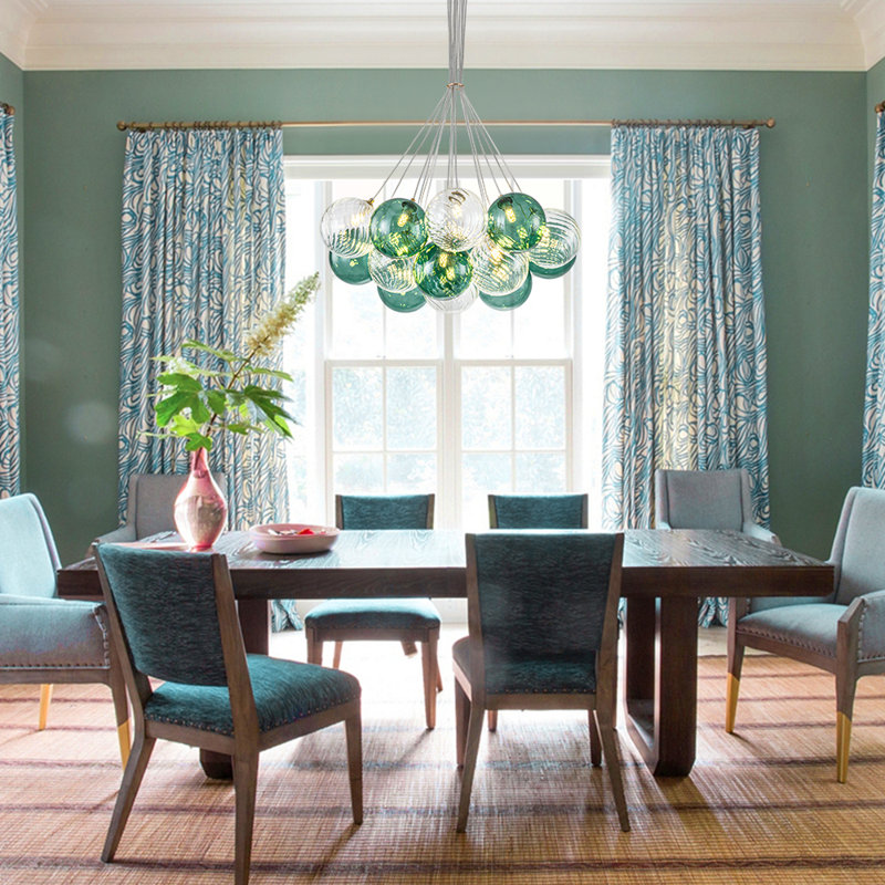 16 - Light Blue Ribbed Glass Cluster Bubble Chandelier, Green/Clear