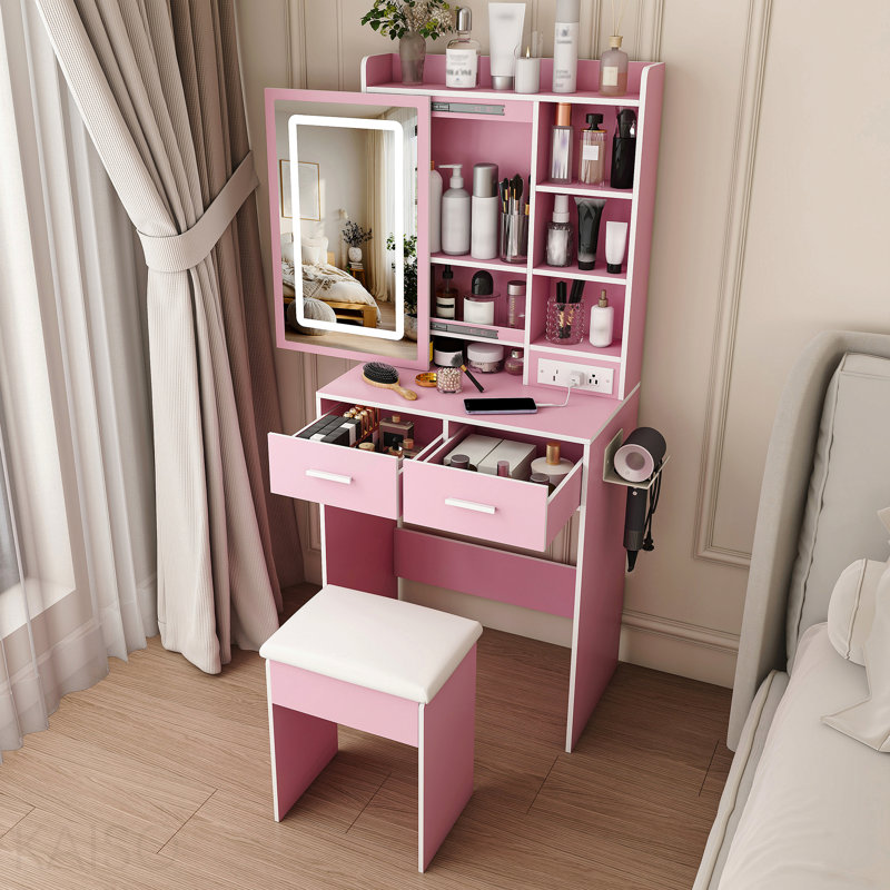 Petit bureau de coiffeuse avec miroir et lumières DEL réglables, prise de courant intégrée et rangement dissimulé, comprend tabouret et tablette rembourrés, coiffeuse pour petites chambres, rose