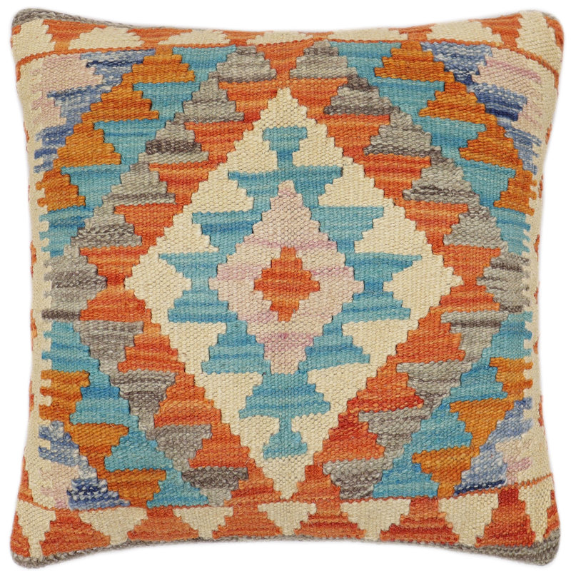 Coussin Kilim tissé à la main Tribal, Rouille / bleu / beige / mauve