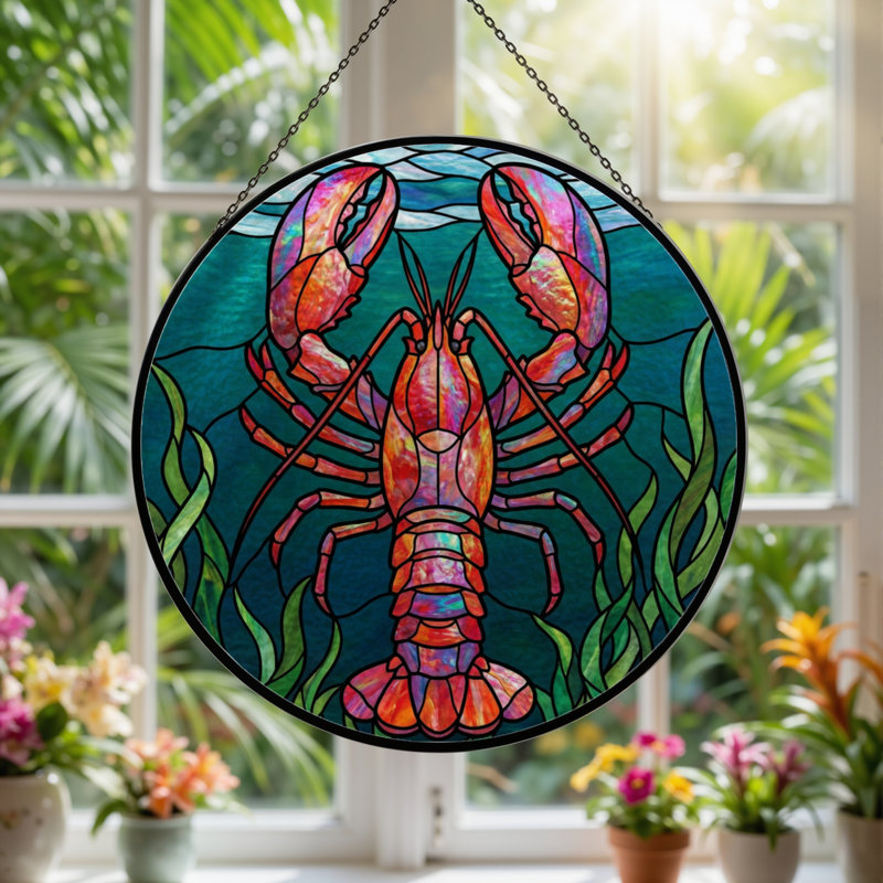 Panneau de vitrail 12 "H Lobster Sea, H 12 po x l 12 po