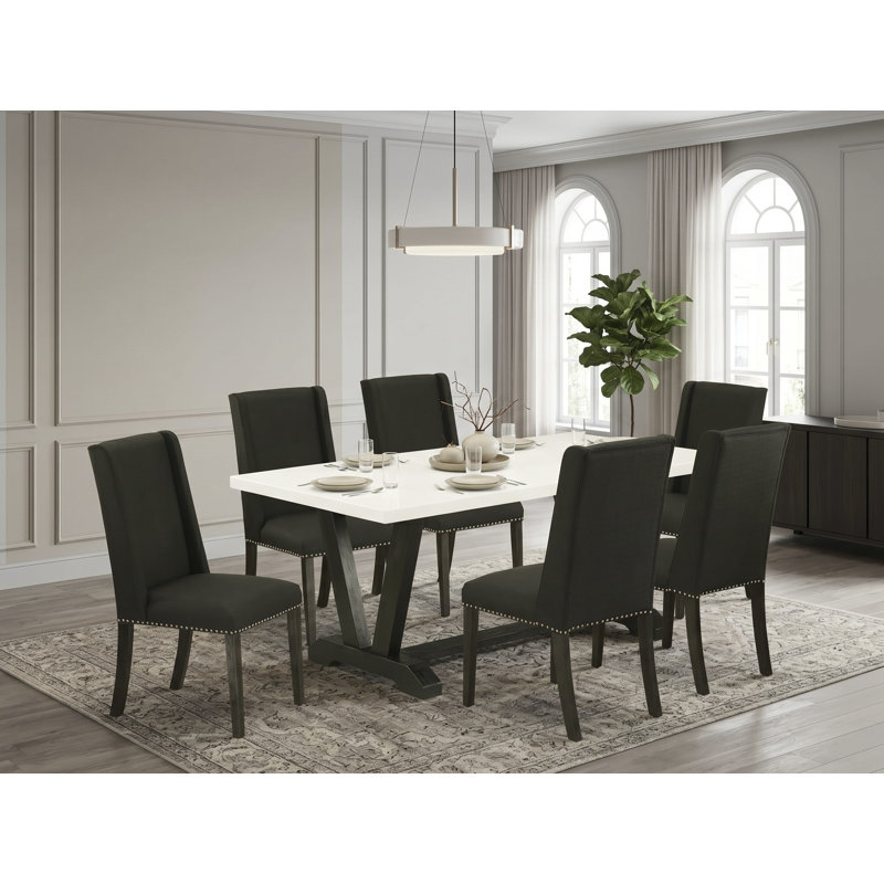 7-piece set with Cement Color small kitchen Table top and 6 Wire Brushed Black parson chairs with Nail heads and High Stylish Chair Back, Wire Brushed Black Finish