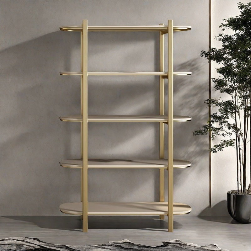 A bookcase with artistic and practical charm, (5 Shelves) 78.7"H x 31.4"W x 15.7"D, Beige/Gold