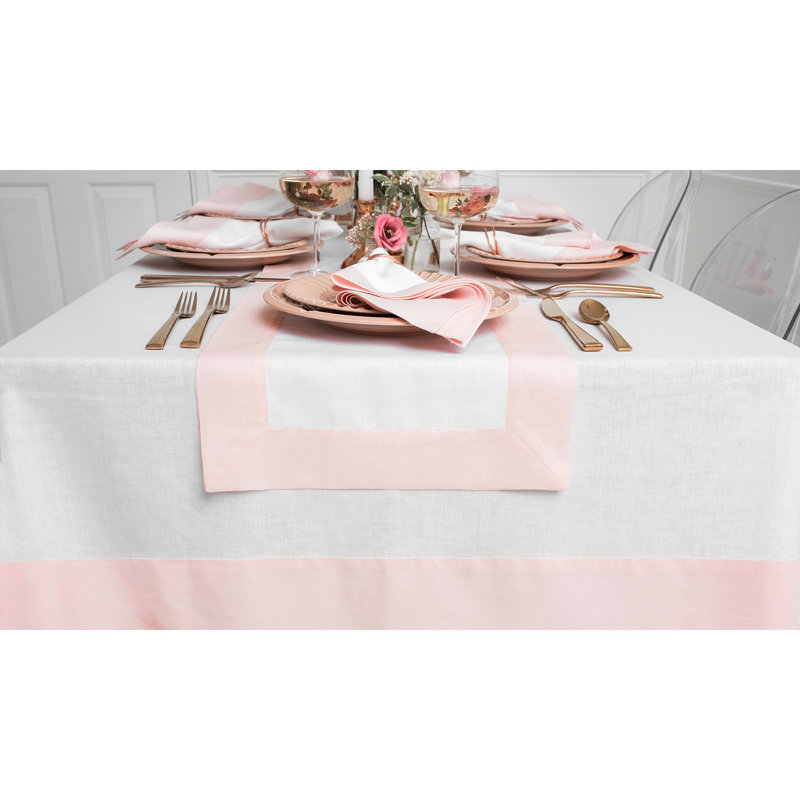 Contempo - 100% Pure Linen Table Runner, Blush Pink/White, 72" x 14"