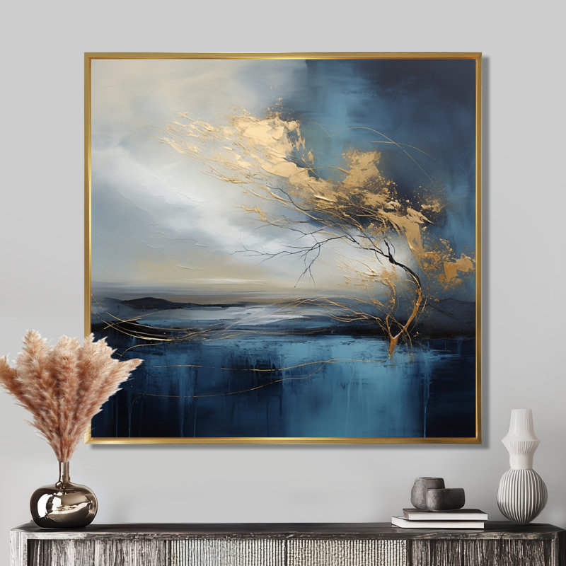 «Lonely Tree Storm Is Coming», impression d'art abstrait paysage mural, Cadre flottant doré, H 30 po x l 30 po