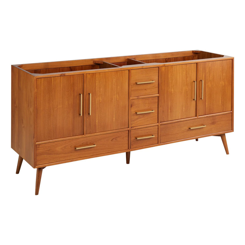 72" Novak Double Bathroom Vanity Set with Rectangular Undermount Sinks, Natural Teak, 8" Widespread, Carrara Marble