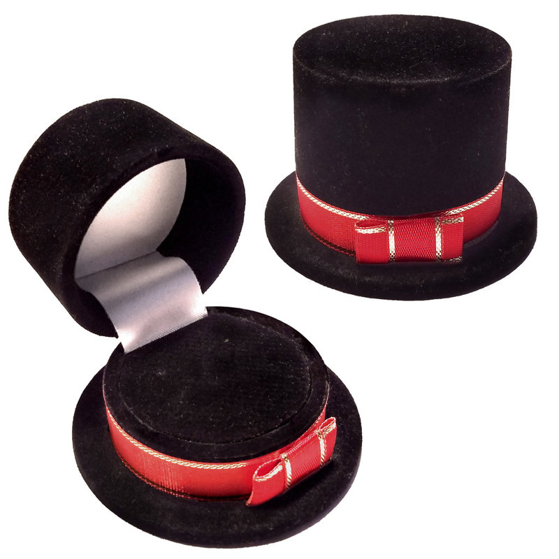 Unique Black Velour Top Hat Gift Box, Ring, Pin