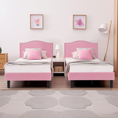Fahmidah Twin Upholstered Platform Bed Frame Set of 2, Velvet Fabric Mattress Foundation with Adjustable Nailhead Headboard, Strong Wooden Slats Support, No Box Spring Needed