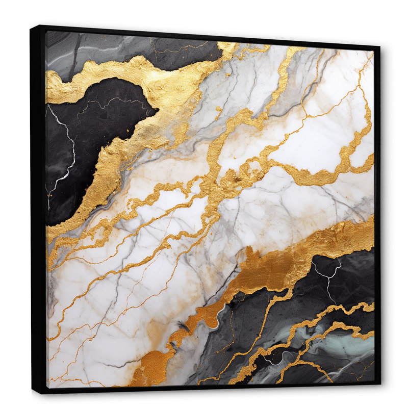 Or et gris abstrait marbre mirage I - décoration murale en marbre, H 16 po x l 16 po x P 1 po, Cadre flottant noir
