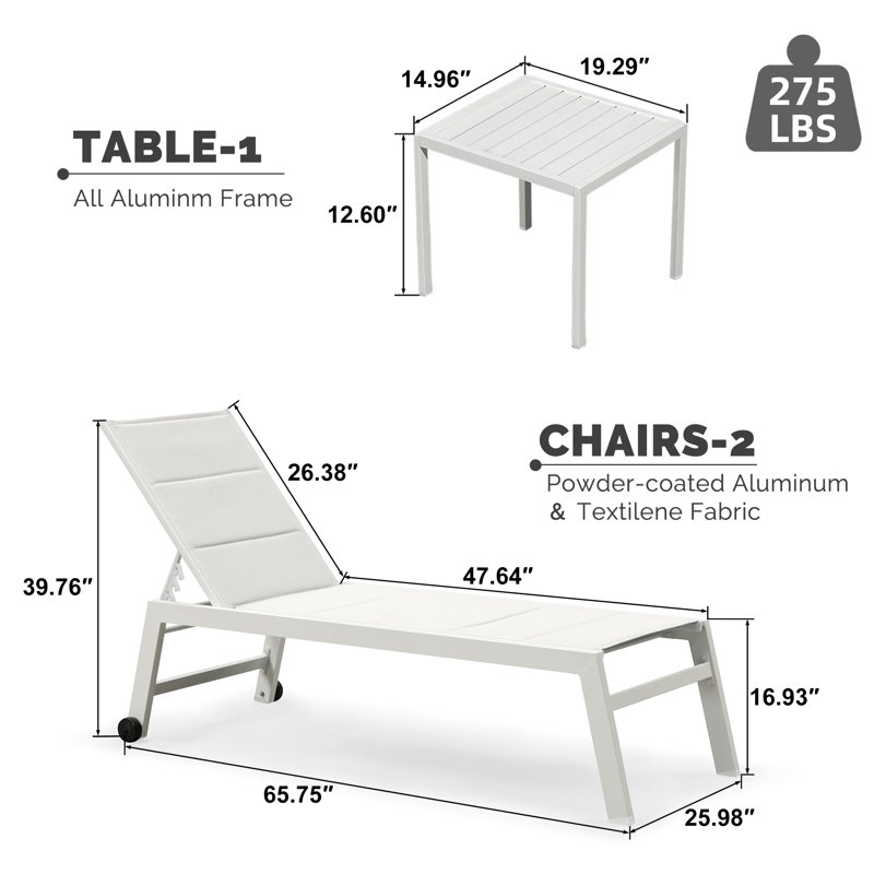 Chaise longue d'extérieur en métal avec table, Blanc