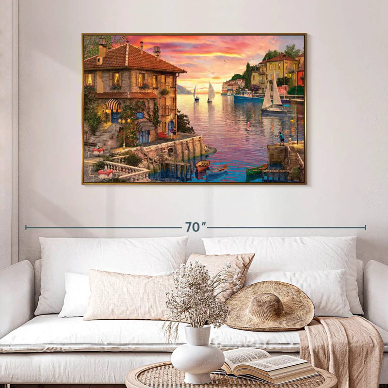 Le port méditerranéen, 46 po x 31 po, Cadre flottant doré
