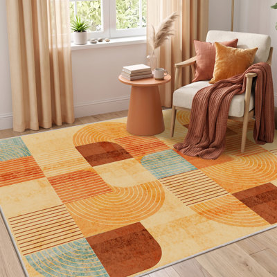 Tapis lavable de 152 x 213 cm pour salon, antidérapant, style bohème moderne