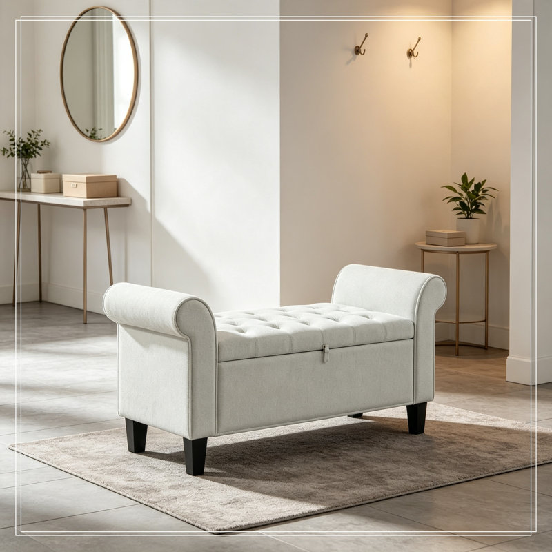 Rangement capitonné Lakehurst avec accoudoirs roulés, Cream White