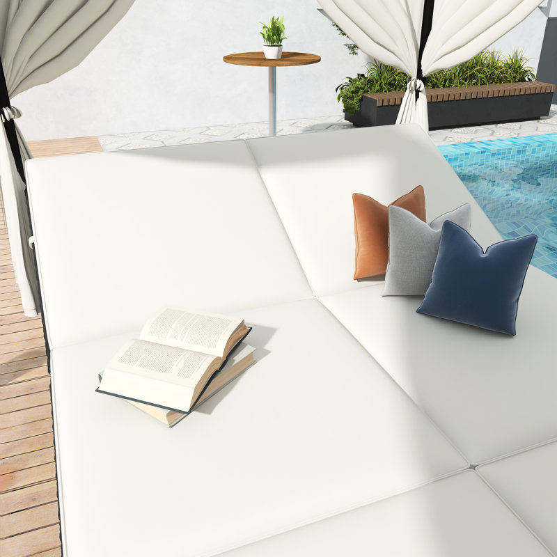 Lit de jour de patio en osier avec rideaux et coussins beiges, meubles d'extérieur avec sièges réglables, Beige