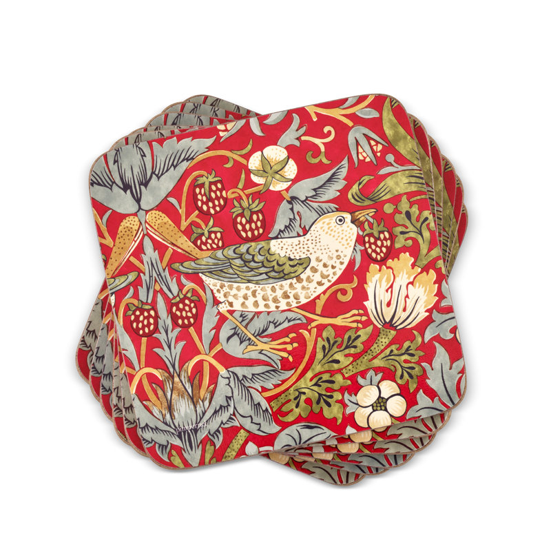 Morris & Co Pimpernel Strawberry Thief Coasters 4"X 4", Red
