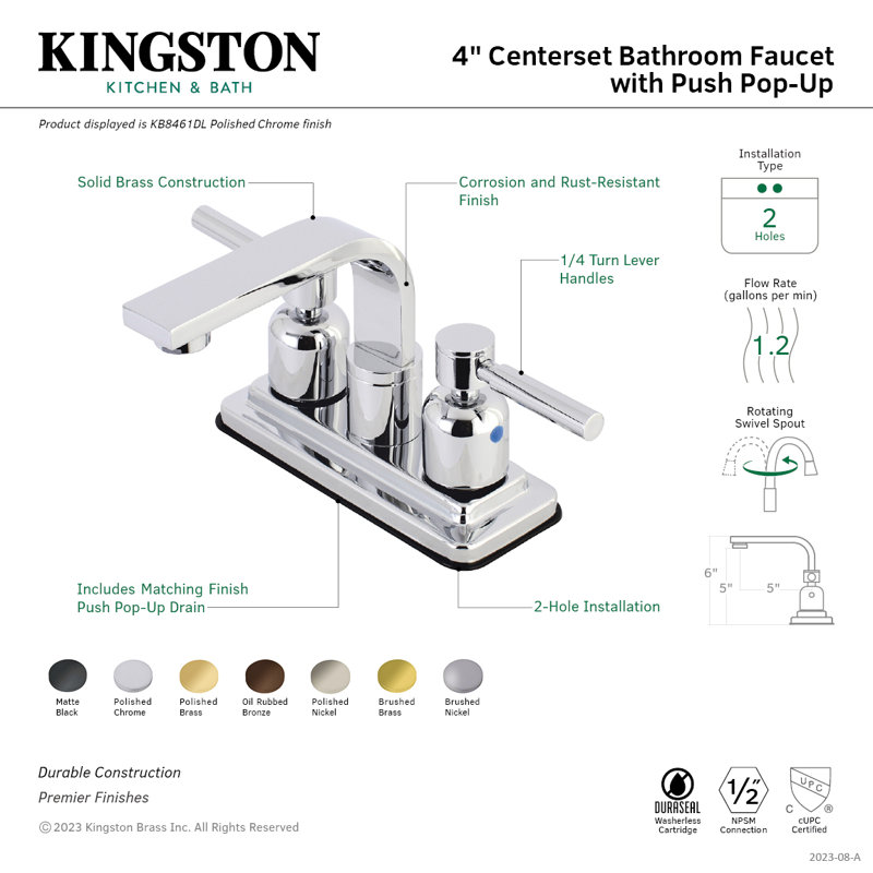 Kingston Brass Concord Two-Handle 2-Hole Deck Mount 4" Centerset Bathroom Faucet with Push Pop-Up, Polished Nickel
