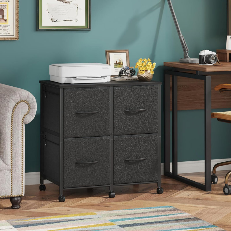 Black 4-Fabric-Drawer Lateral File Cabinet - Mobile Filing Cabinet (Printer Stand For Large Printers, Fits A4/Letter For Home Office)
