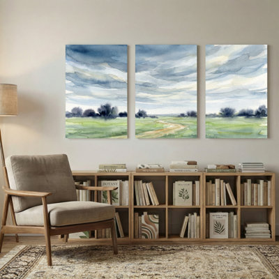 Plantes et fleurs, aquarelle, paysage, ciel, nuages, champ, chemin, arbres, réflexion, ensemble de 3 impressions sur toile
