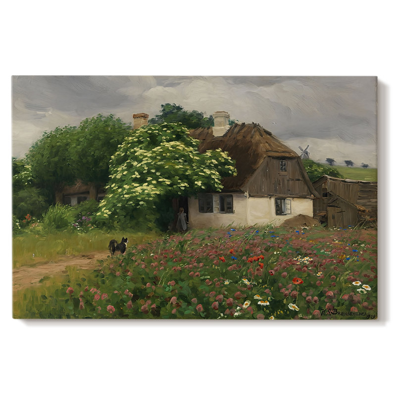 Maison de campagne idyllique avec sureau en fleurs - Hans Andersen Brendekilde - Toile tendue avec châssis-c. Fin du 19e siècle / début du 20e siècle