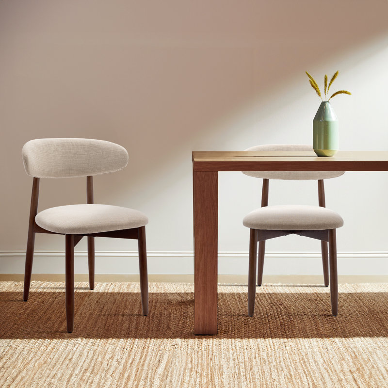  Solid Wood Upholstered Dining Chair - Ergonomic Curved Back, Comfort Fabric, Beige, Walnut