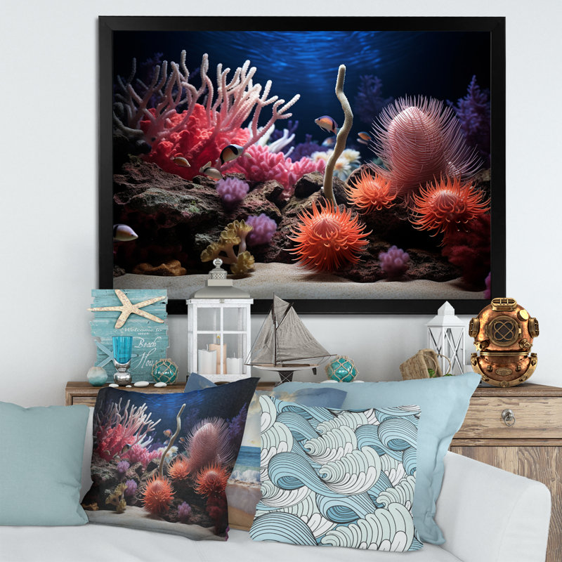 «Vibrant Coastal Coral Beauty», reproduction d'art sur toile, H 24 po x l 32 po x P 1 po, Cadre simple noir