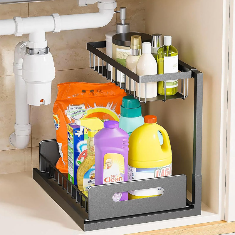 1 Pack Pull Out Under Sink Organizer for Kitchen, Bathroom and Laundry, Black