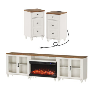 Farmhouse Living Room Table Set, 105"  Fireplace Tv Stand & Two End Tables