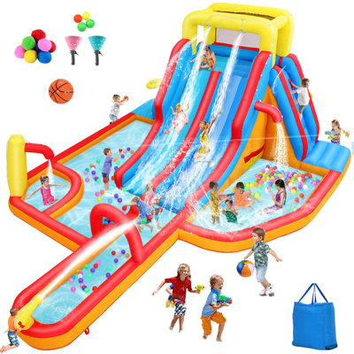 Toboggan gonflable 17,81 pi x 13,75 pi avec glissade d'eau, tissu Oxford 840D + 420D, longue glissade / piscine Splash / 10 accessoires, adapté pour 10 enfants, intérieur et extérieur