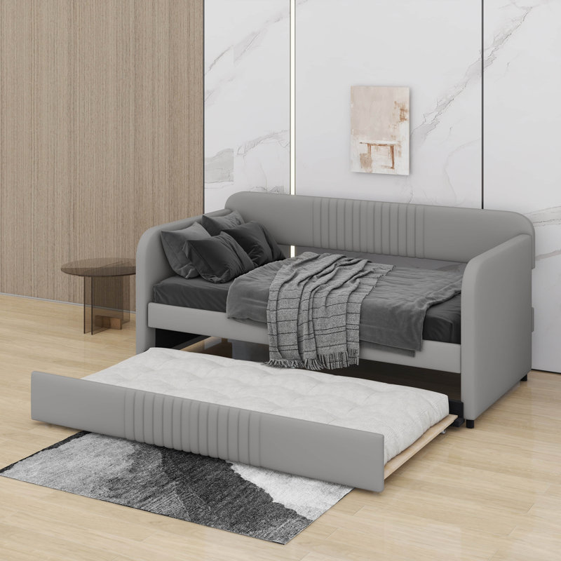 Multi-Functional Twin Daybed With Trundle - Upholstered Sofa Bed & Guest Bed With Wood Slat Support