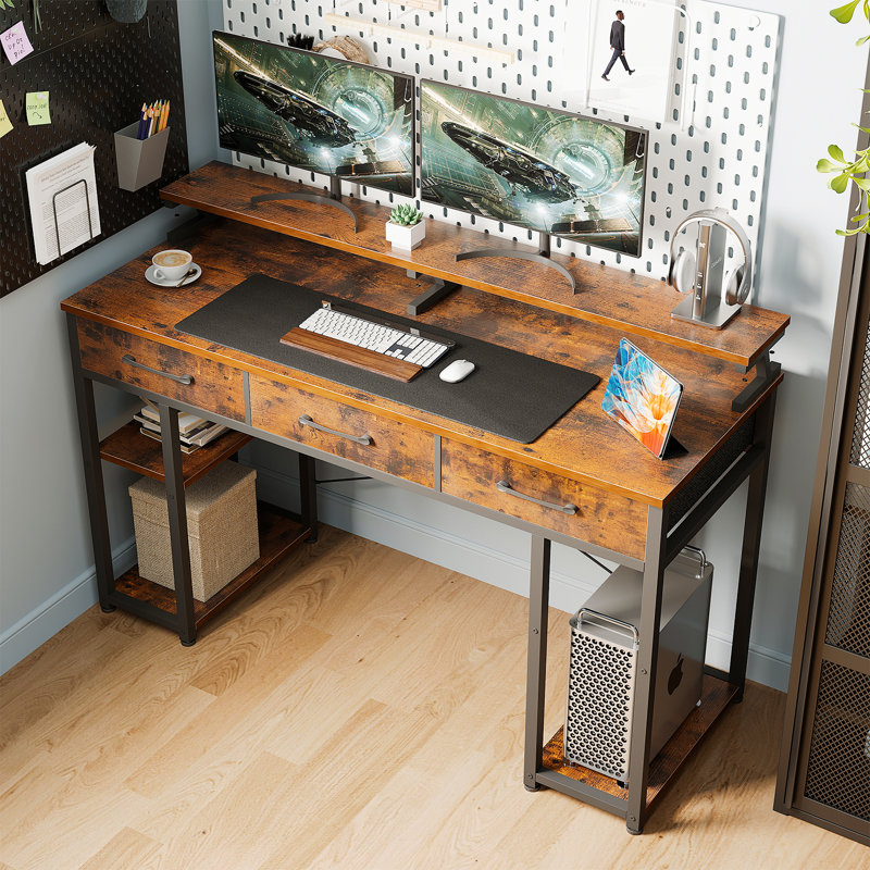Copano Computer Desk with 3 Drawers, Writing Desk whit Shelves,Gaming Desk with Monitor Stand, 34" H x 47.24" W x 19.68" D