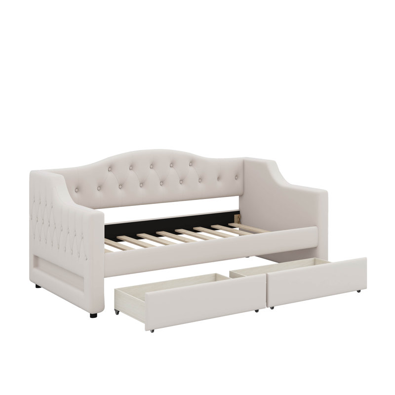 Upholstered Twin XL Size Daybed With LED Belt And 2 Drawers, Beige