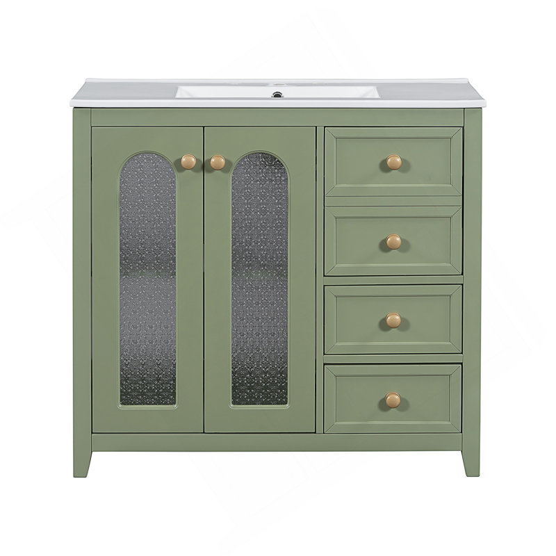 Meuble-lavabo de 36 pouces avec portes à fermeture douce, tablettes réglables et trois tiroirs pour espaces compacts, Vert