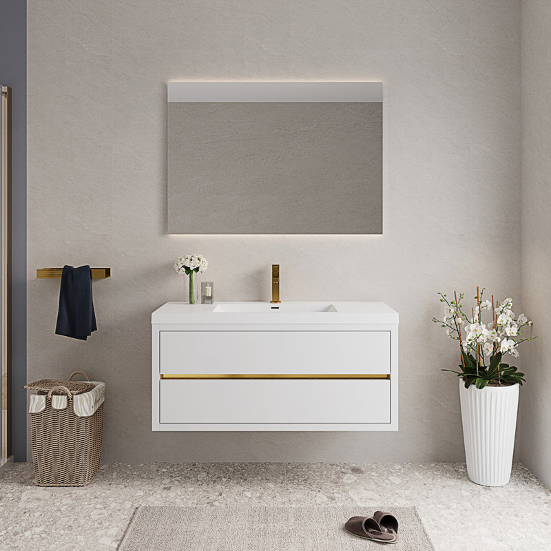 Meuble-lavabo mural moderne avec lavabo, Blanc lustré, 47"