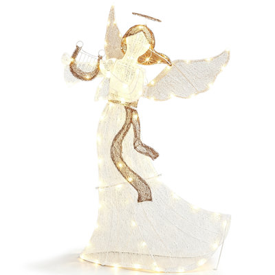 Ange de Noël en tissu pré-éclairé avec ailes en mouvement, H 3,6 pi, tissu et DEL blanc chaud, 1 pièce, décoration de Noël lumineuse, blanc, 102 lumières DEL et adaptateur 12 V à brancher