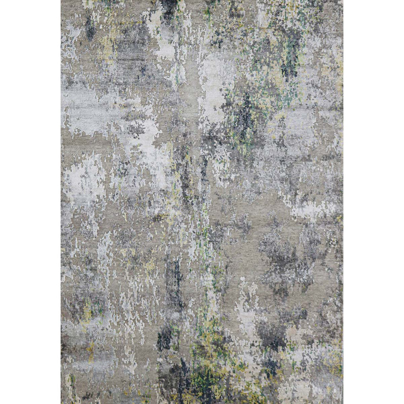 Tapis abstrait noué à la main gris / vert / blanc, Rectangle 8 pi x 10 pi