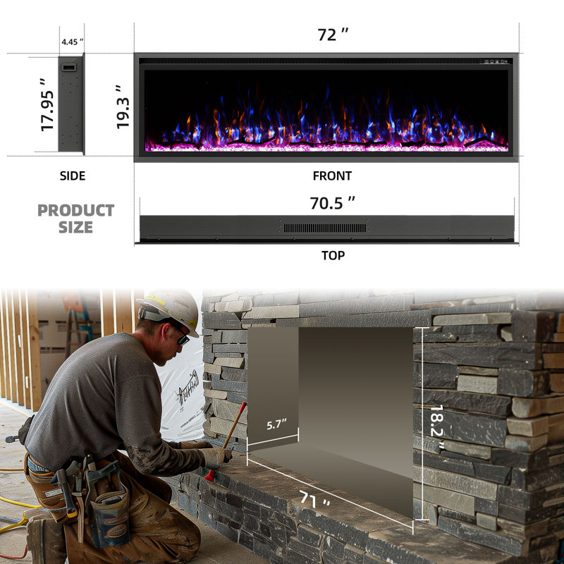 Smart Linear Electric Fireplace, 23.23" H x 72" W x 7.48" D