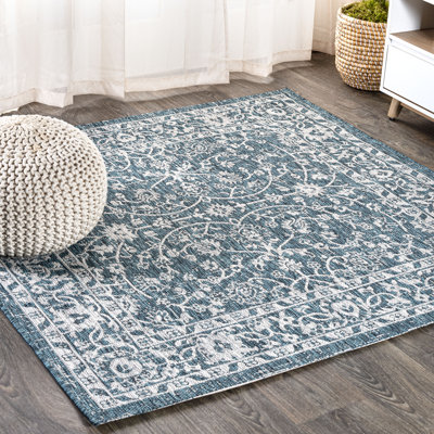 Haupt Vine and Border Textured Weave Teal/Gray Indoor/Outdoor Rug
