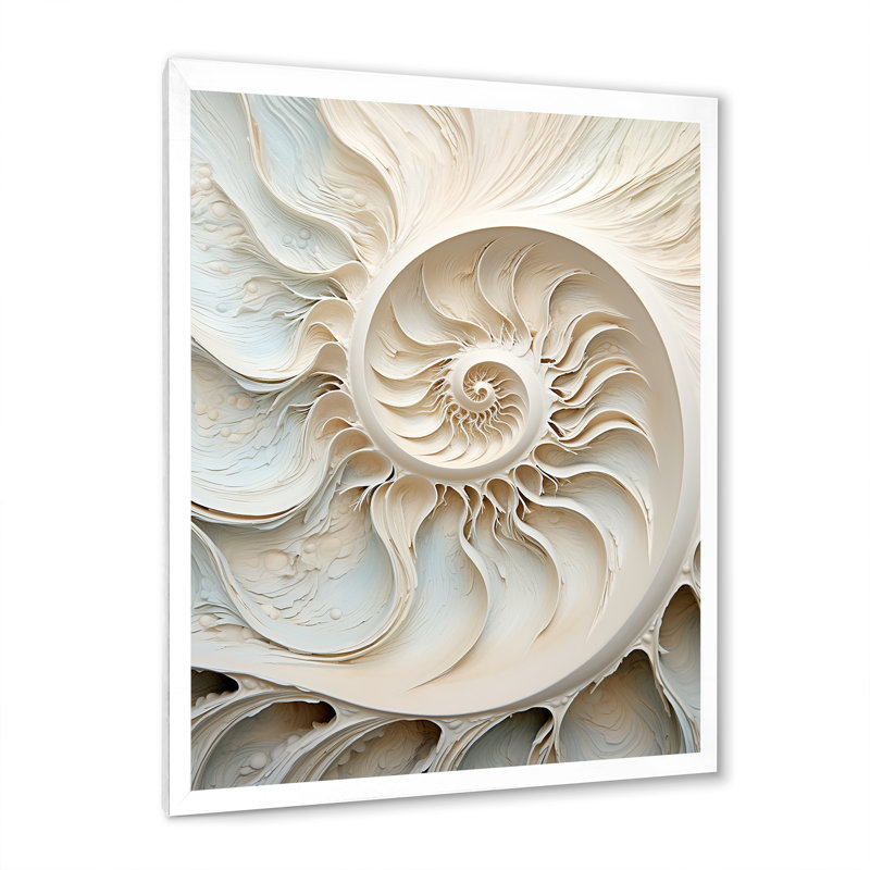 Ivoire Infinity Sea Sheel Spiral sur toile, H 44 po x l 34 po x P 1,5 po, Cadre simple blanc