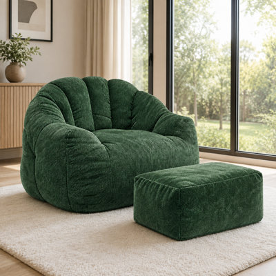Bean Bag Chair with Ottoman, High-Density Foam Lounge Chair, Plush Fabric Accent Chair with Curved Ergonomic Back and Arms, Compressed Seating for Adults, Living Room, Bedroom, Reading Nook