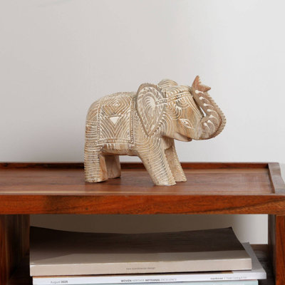 Hand Carved Wooden Elephant Sculpture | White Wash Mango Wood Elephant Figurine | Rustic Farmhouse Animal Statue for Shelf | Tabletop & Home Décor | 7.75x2.75x5.5"