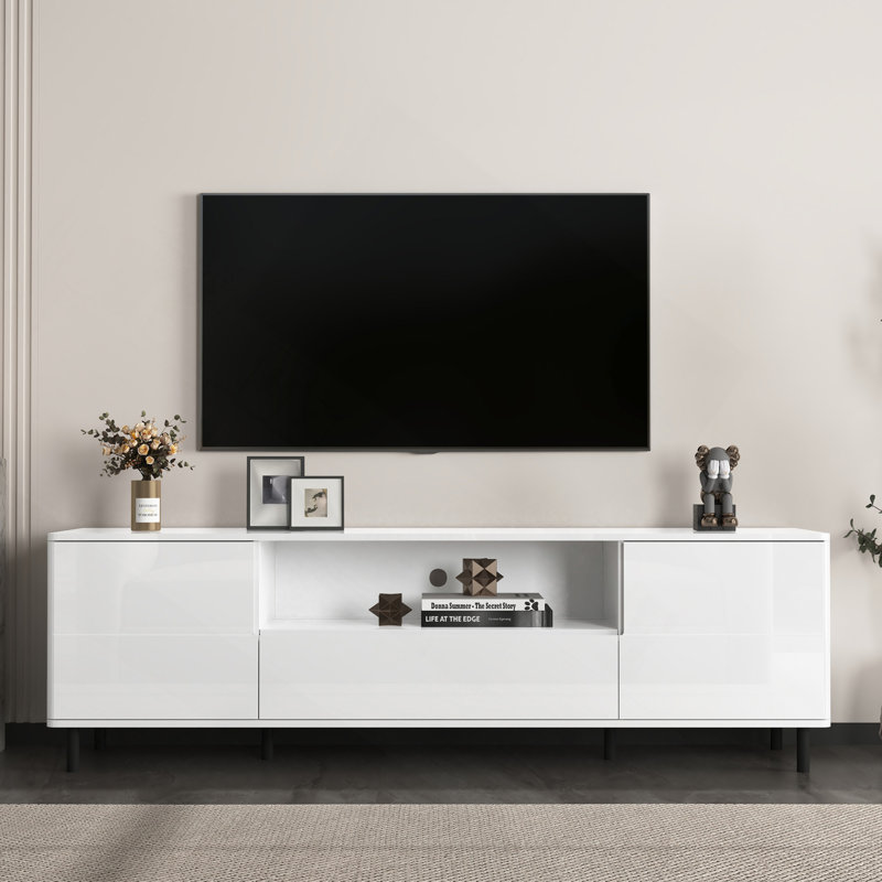 Console de télévision moderne à panneau ultrabrillant, meuble télé, centre de divertissement avec tablettes de rangement, meuble télé pour salon, chambre à coucher