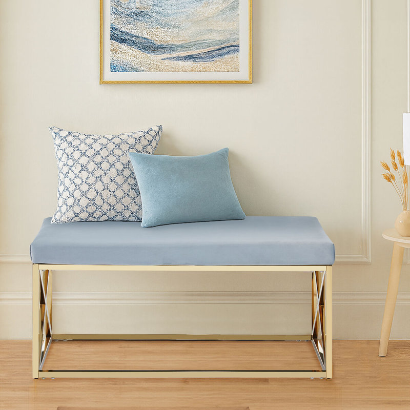Sayyed Velvet Upholstered Bench, Gold, Grey