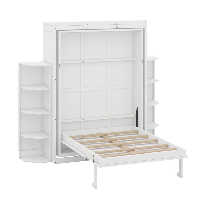 Grand lit escamotable avec armoire murale dissimulée, 2 tablettes latérales à 3 niveaux, bureau convertible, support de rangement supplémentaire