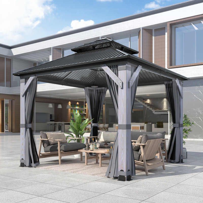Outdoor Patio Wood Gazebo, Heavy-duty Galvanized Steel Hardtop Aluminum Gazebo with Netting & Curtains, 8.5 ft. W x 8.5 ft. D