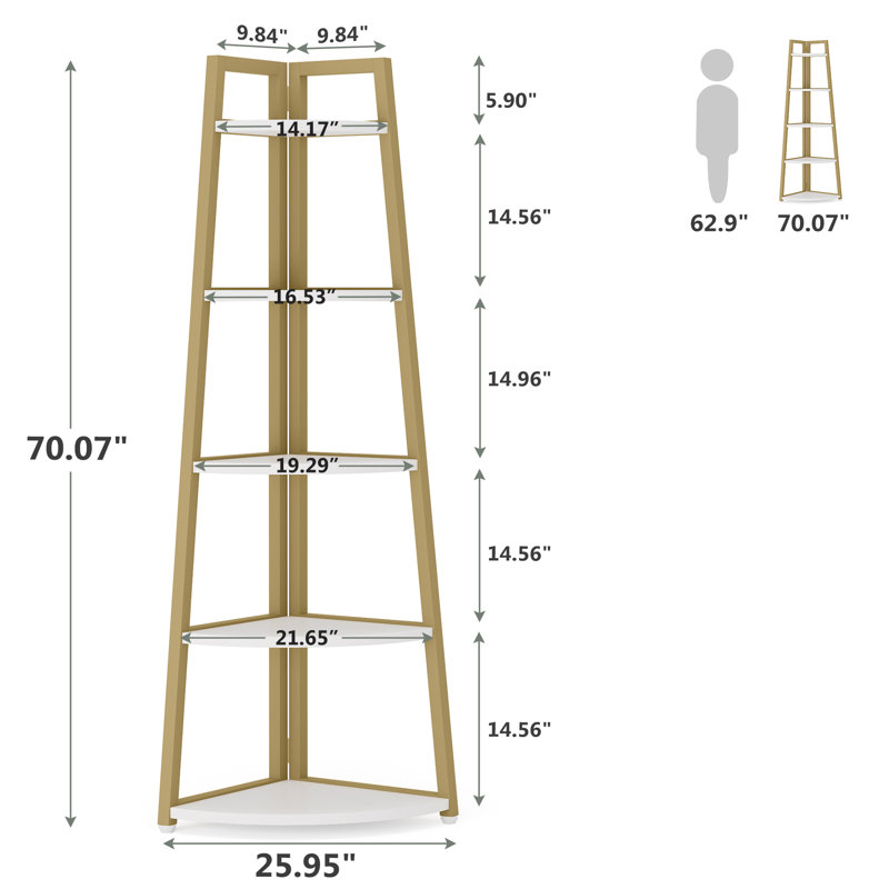 176cm H Steel Corner Bookcase, White/Gold